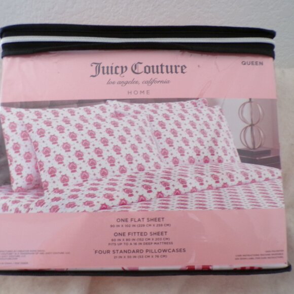 Juicy Couture 6pc QUEEN Sheet Set Snowglobes Pink / White - Picture 1 of 6